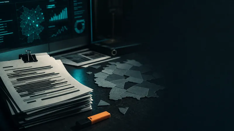 Duotone editorial cover illustrating new tracked casino brands for Germany with regulatory documents and abstract map geometry